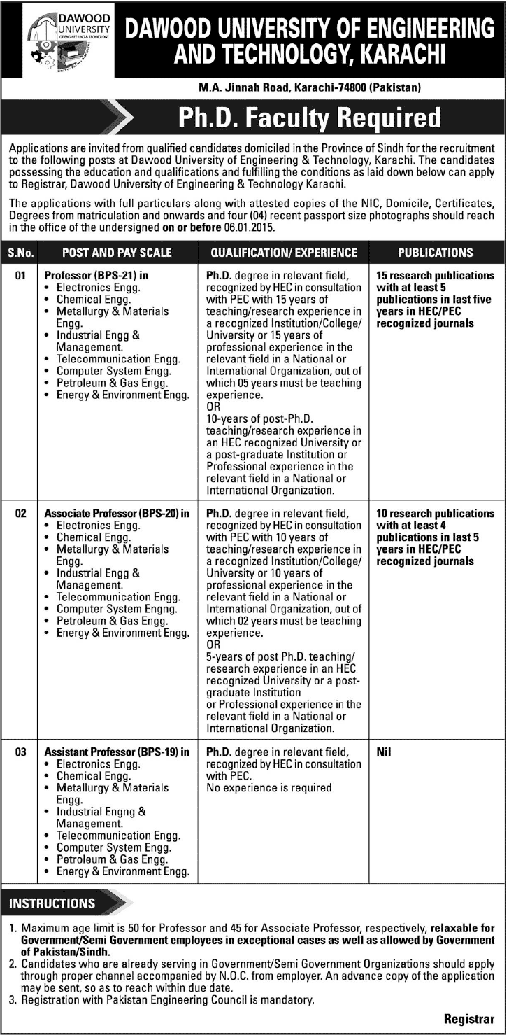 PhD Faculty jobs 2014 At Dawood University Of Engineering And Technology