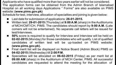 PIMS Hospital Islamabad House Job 2015 Application Form