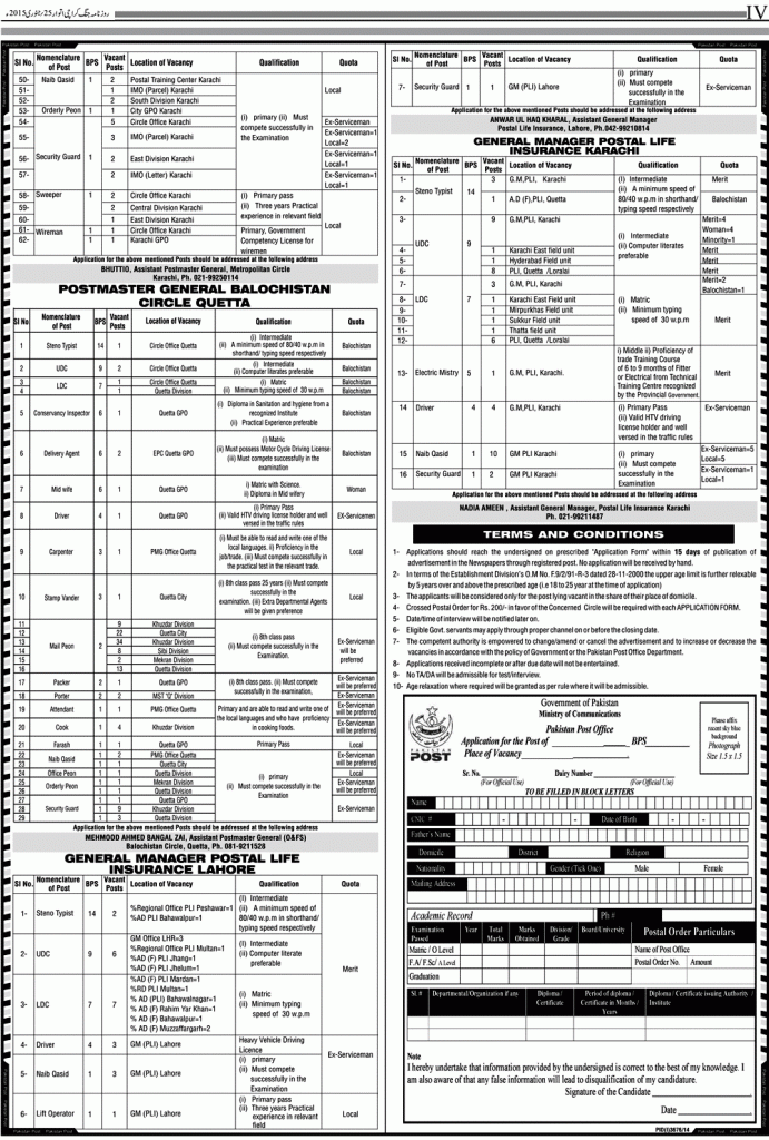 Pakistan Post Office Jobs 2015 Form Punjab, Sindh, Islamabad, KPK 4