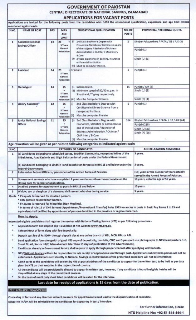 Central Directorate Of National Savings Jobs 2015 Eligibility, Last Date