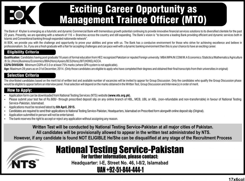Bank Of Khyber MTO Jobs 2015 NTS Application Form Last Date