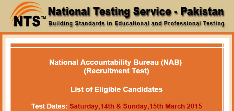 NAB Islamabad NTS Test Result 2015 Answer Keys 14th, 15th March