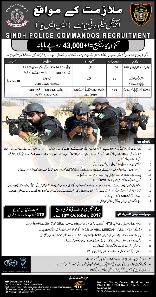 Sindh Police Commando SSU Jobs 2017 NTS Eligibility, Registration Date
