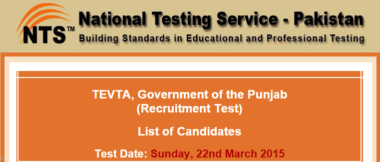 TEVTA Punjab NTS Test Result 2015 Instructors 22nd March Answers Key
