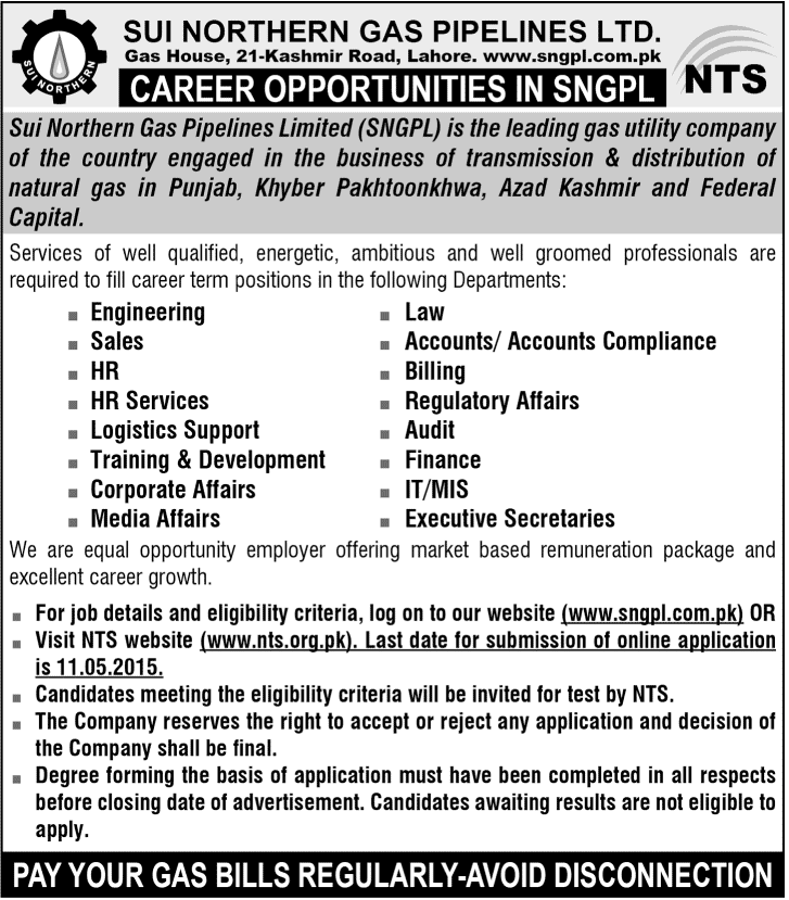 Sui Northern Gas SNGPL Jobs 2015 NTS Form Apply online