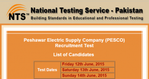 PESCO Peshawar NTS Test Result 2015 12th, 13th, 14th June Online