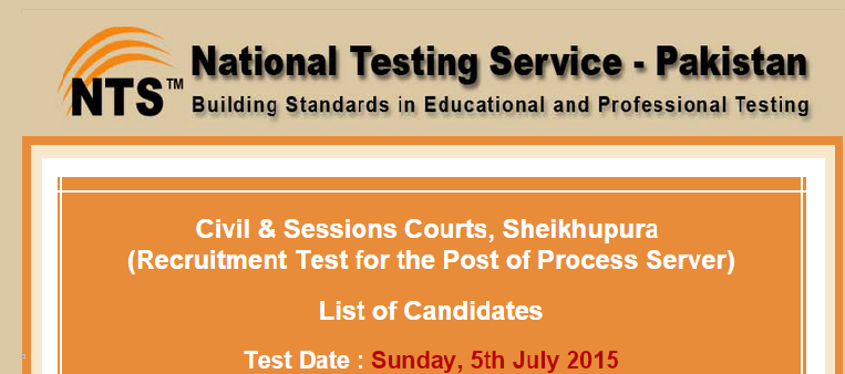 Civil And Sessions Courts Sheikhupura NTS Test Result 2015 Process Server 5th July