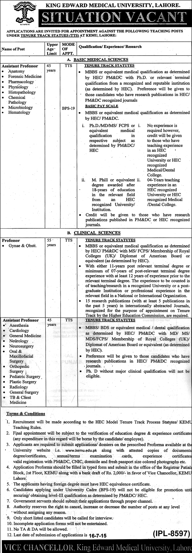 King Edward Medical University Jobs 2015 Assistant Professor Form, Eligibility