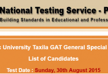 Special GAT General Test Result 2015 HITEC University Taxila 30th August