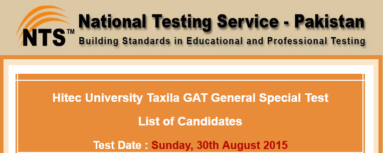 Special GAT General Test Result 2015 HITEC University Taxila 30th August