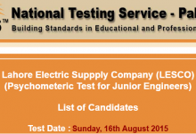 LESCO Lahore NTS Test Result 2015 Answer Keys Junior Engineer 16th August