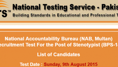 NAB Multan NTS Test Result 2015 Answer Keys Stenotypist 9th August