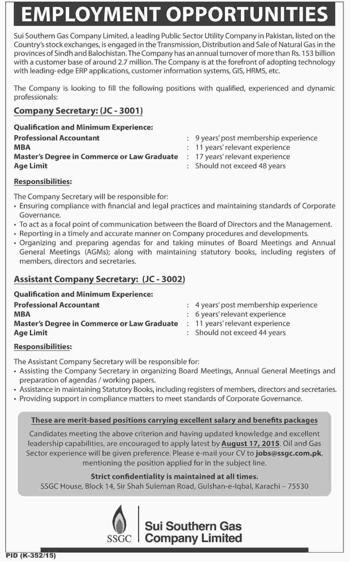 Sui Southern Gas Company SSGC Jobs 2015 Secretary, Assistant Secretary Apply Online 1 Sui Southern Gas Company SSGC Jobs 2015 Secretary, Assistant Secretary Apply Online