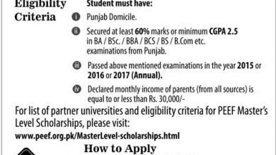 PEEF Scholarship 2025 For Masters Level Application Form, Last Date