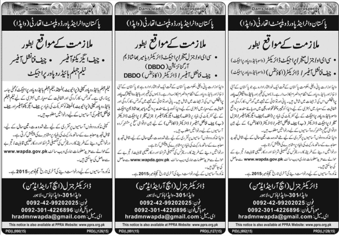 WAPDA Jobs 2015 Director, CEO, GM, CFO Application Form Date Advertisement