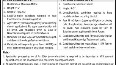 Balochistan Police Male/ Female Constable Jobs 2016 NTS Application Form