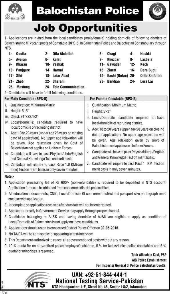 Balochistan Police Male/ Female Constable Jobs 2016 NTS Application Form 1 Balochistan Police Male/ Female Constable Jobs 2016 NTS Application Form