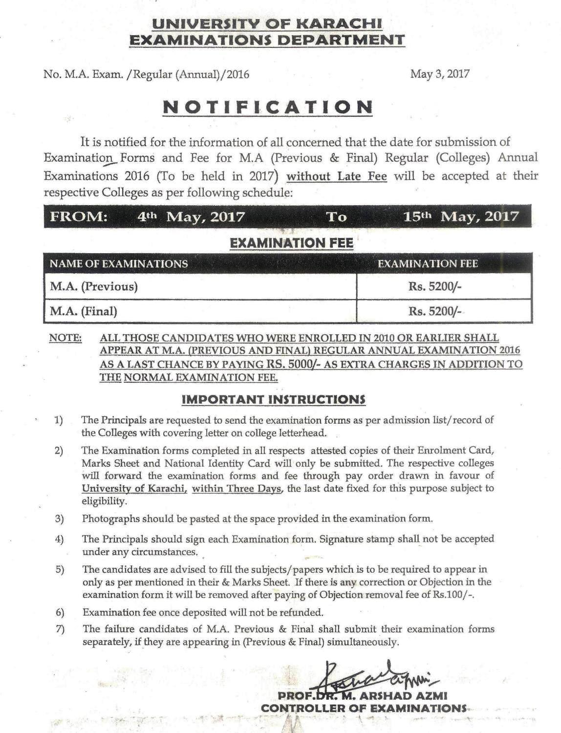 Karachi University Ma Msc Private Admission Form 2019 Fees