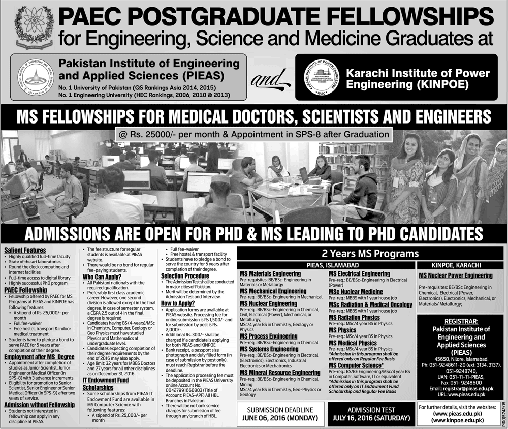 Pakistan Atomic Energy Commission PAEC Postgraduate Fellowships 2017 Form, Date