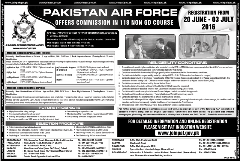 Pakistan Air Force 118 Non GD Course 2016 Online Registration Medical Branch