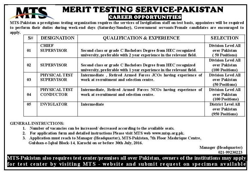 Merit Testing Service Pakistan Jobs 2016 MTS Application Form Download