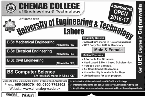 Chenab College Of Engineering & Technology Gujranwala Admissions 2016 B.Sc Form