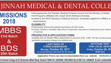 Jinnah Medical And Dental College Karachi Admission 2017 MBBS, BDS Form