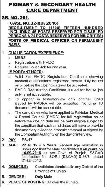 PPSC Male Medical Officer Jobs 2016 In Primary And Secondary Healthcare Department