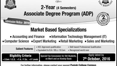 Punjab College Associate Degree Progra Admissions 2025 Form Last Date