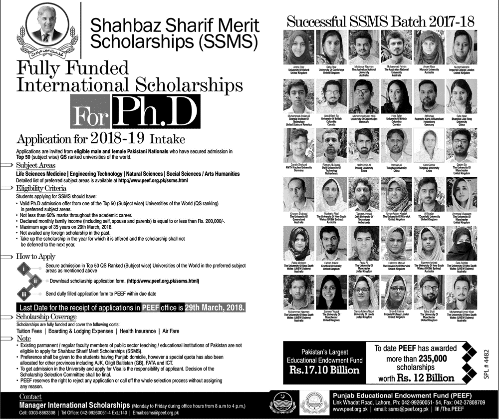 Shahbaz Sharif Merit Scholarship 2022 - 19 For PhD SSMS Application Form Date