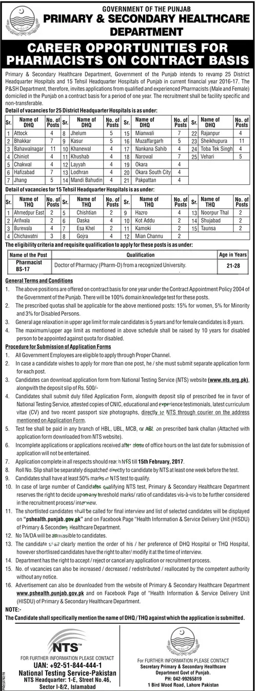 PS Healthcare Department Punjab Pharmacist Jobs 2017 NTS Form, Eligibility