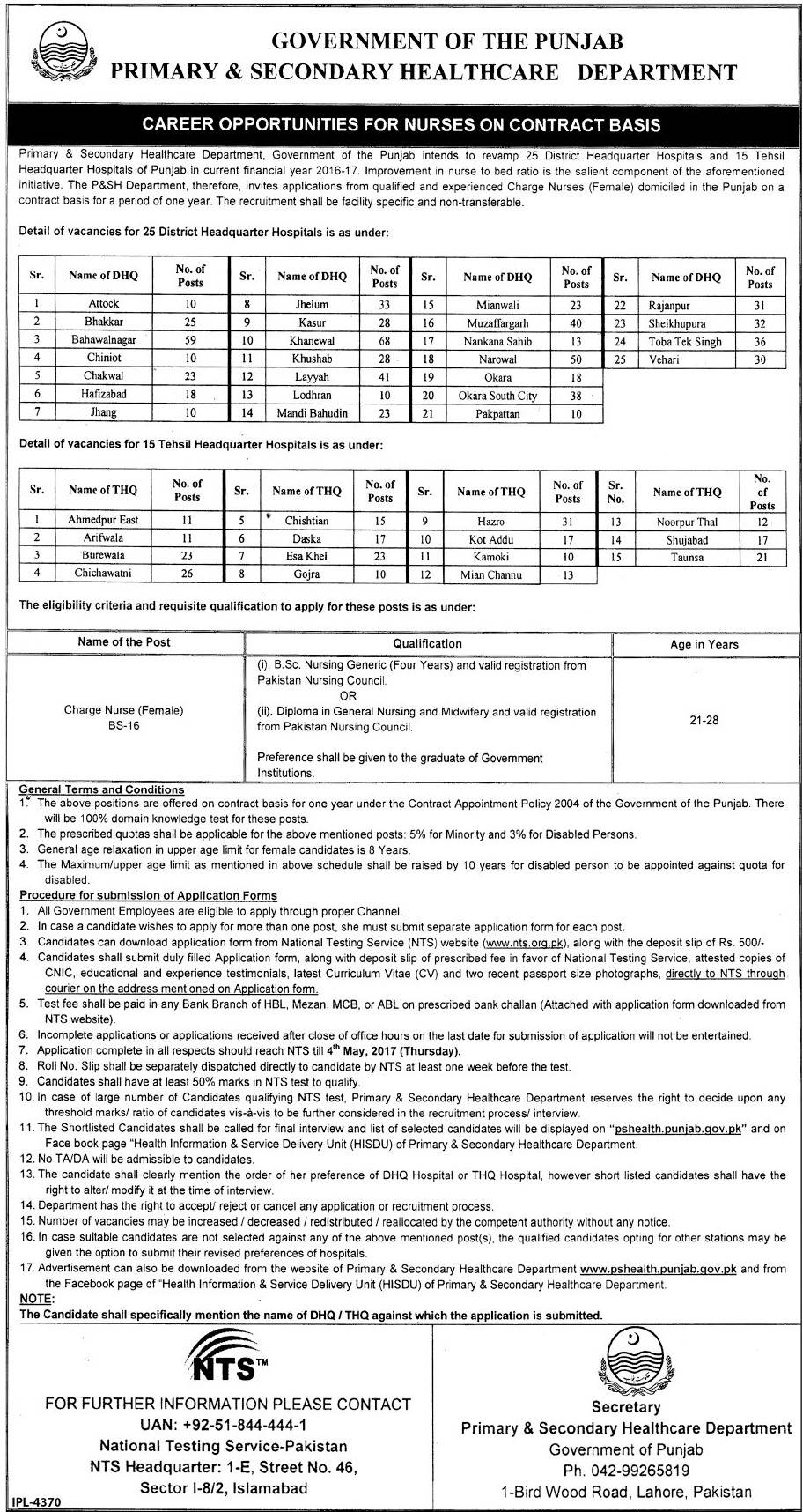 Punjab Primary And Secondary Healthcare Department Jobs 2017 NTS Application Form