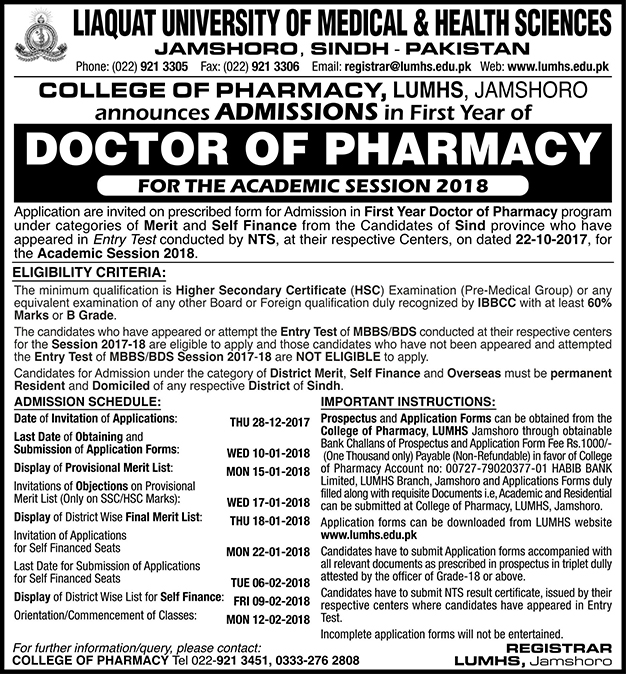 Liaquat University Jamshoro Pharm D Admission 2025 2 Liaquat University Jamshoro Pharm D Admission 2025 Form Entry Test Date
