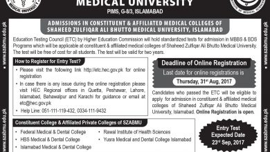 PIMS Islamabad Admissions 2025 MBBS Form Entry Test SZABMU