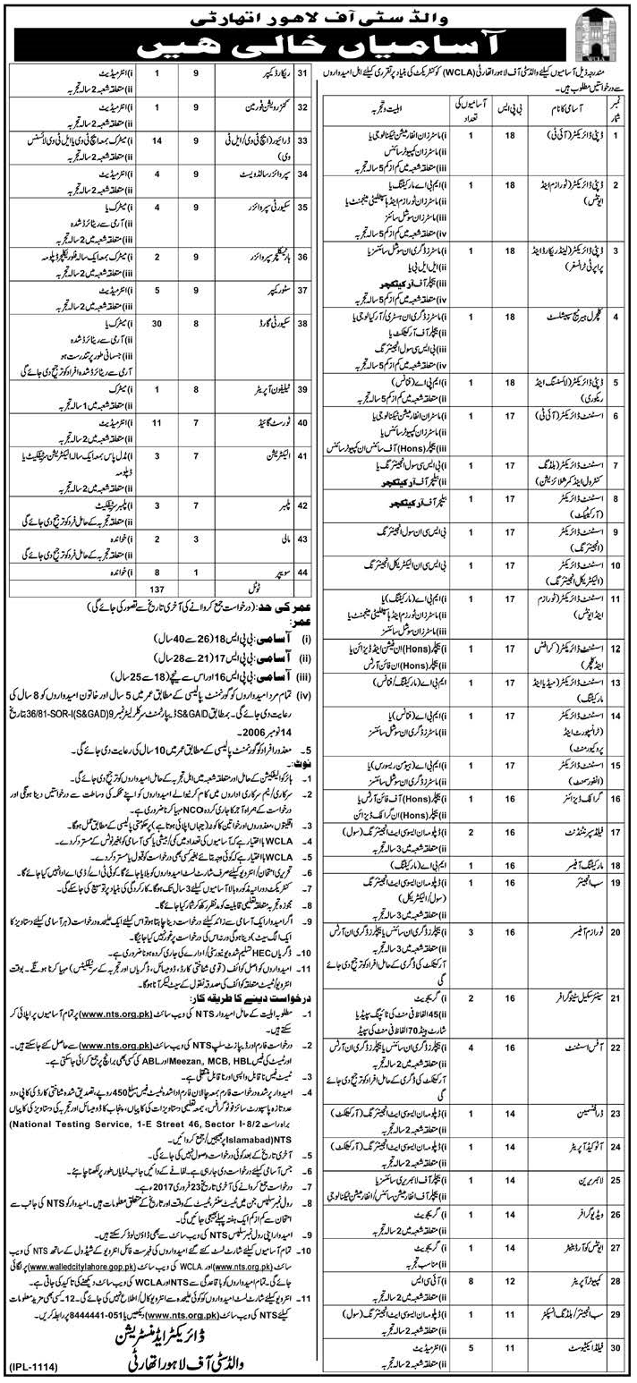 Walled City Of Lahore Authority WCLA Jobs 2017 NTS Application Form, Test Date