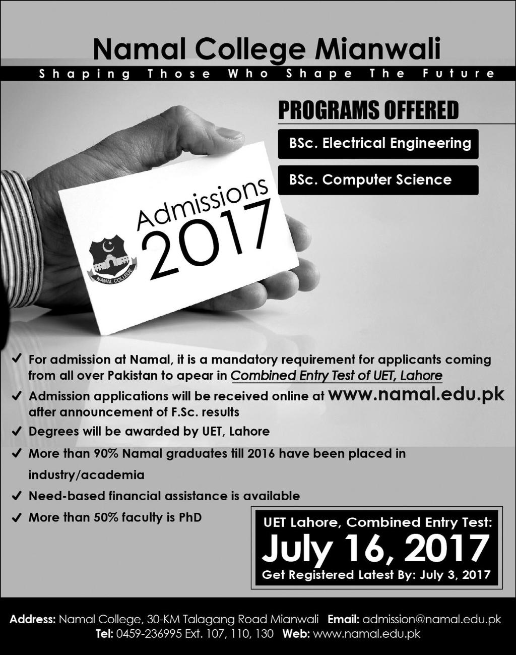 Namal College Mianwali Admission 2022 BSC Apply Online Date