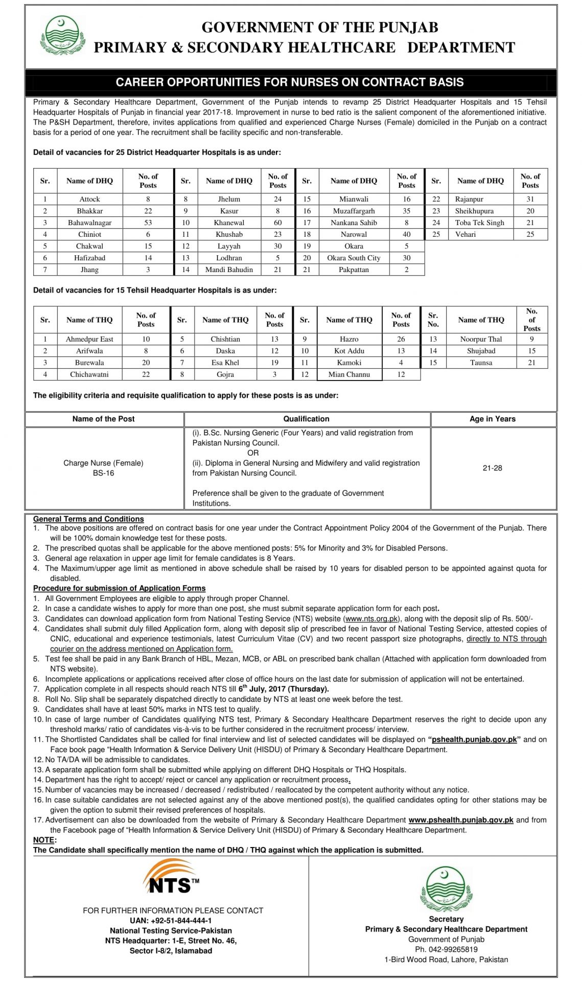 PS Health Punjab Nurses Jobs 2017 NTS Application Form, Test Date, Eligibility