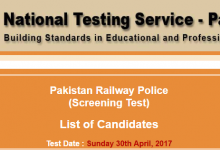 Pakistan Railway Police NTS Test Result 2017 For ASI And Constable Jobs