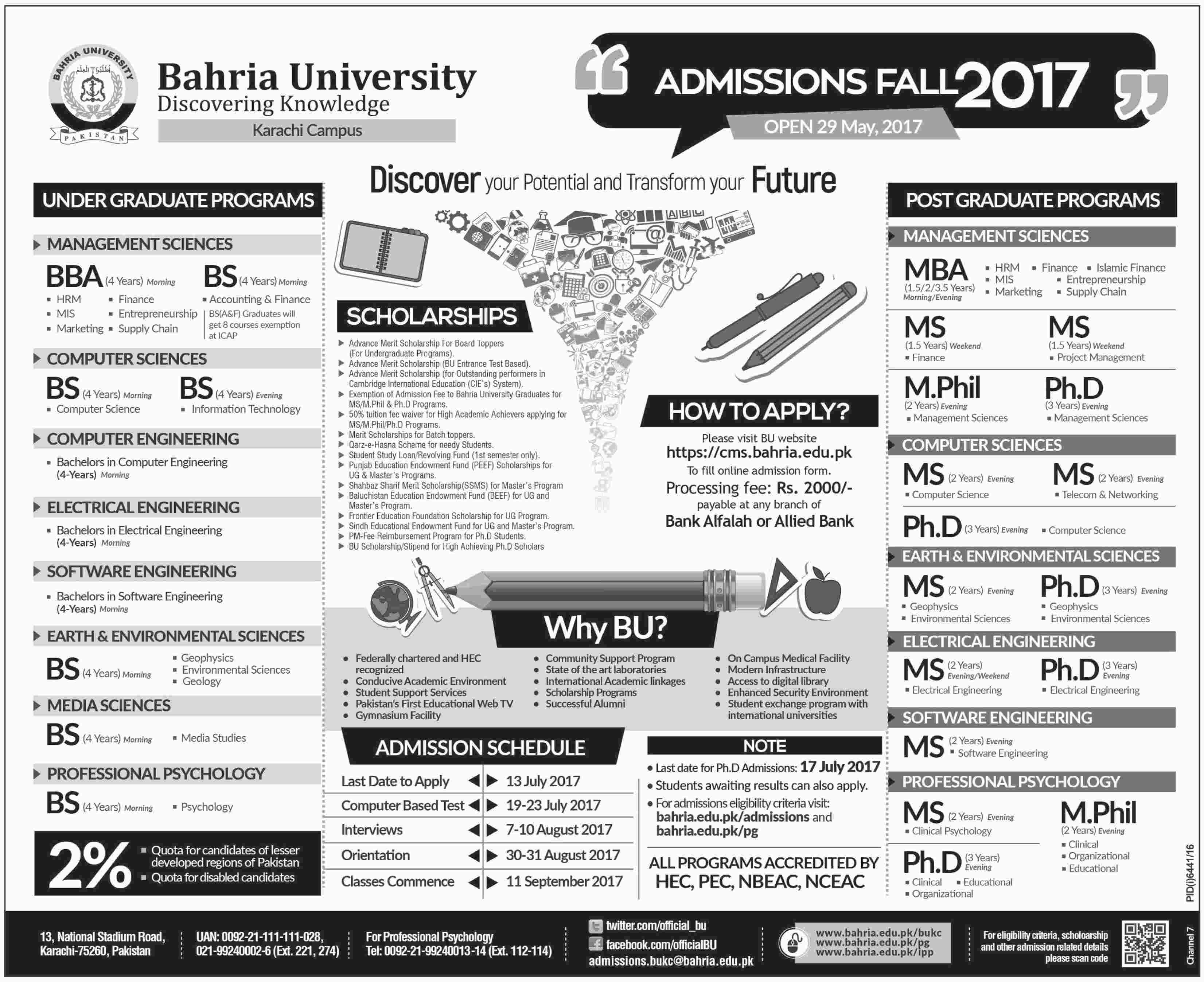 Bahria University Karachi Admission Fall 2017 Form, Eligibility, Date