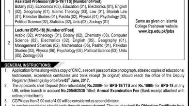 Islamia College Peshawar Jobs 2017 Assistant Professor, Lecturer Application Form