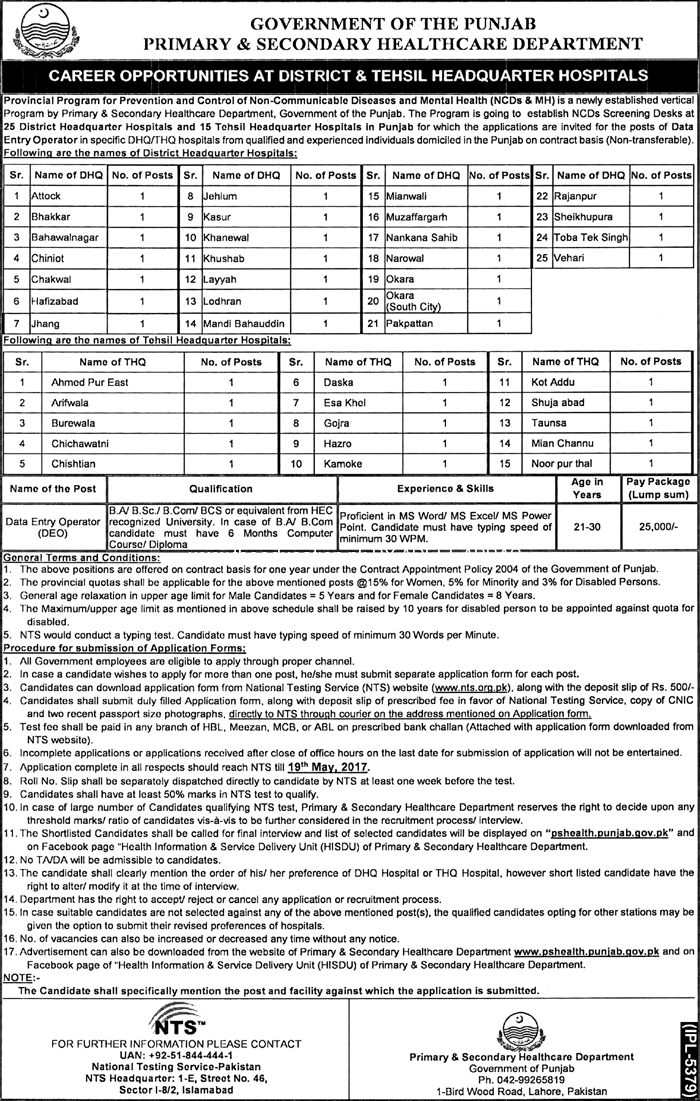 PS Healthcare Department Data Entry Operator Jobs 2017 NTS Application Form, Test Date