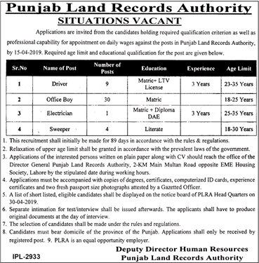 Punjab Land Record Authority Jobs 2019 PLRA Application Form, Test & Last Date