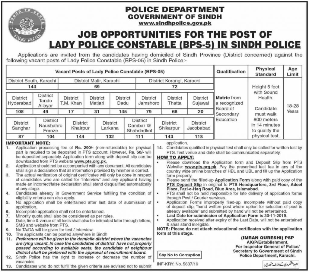 Sindh Police Lady Constable November Jobs 2022 Application Form, Last Date