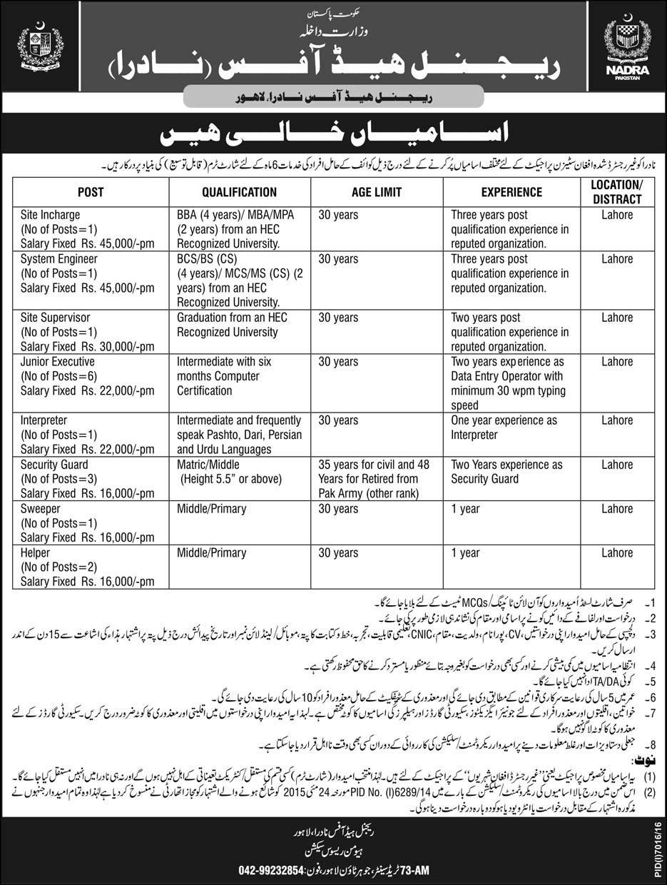 NADRA Lahore Jobs 2017 Undocumented Afghan Citizen Project