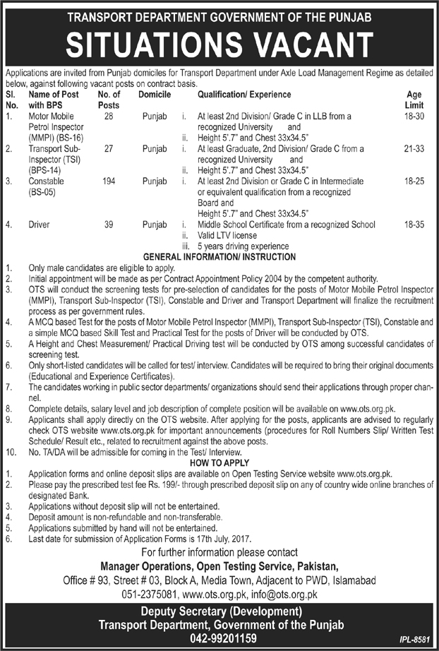 Punjab Transport Department Recruitment 2017 OTS Jobs Application Form, Dates