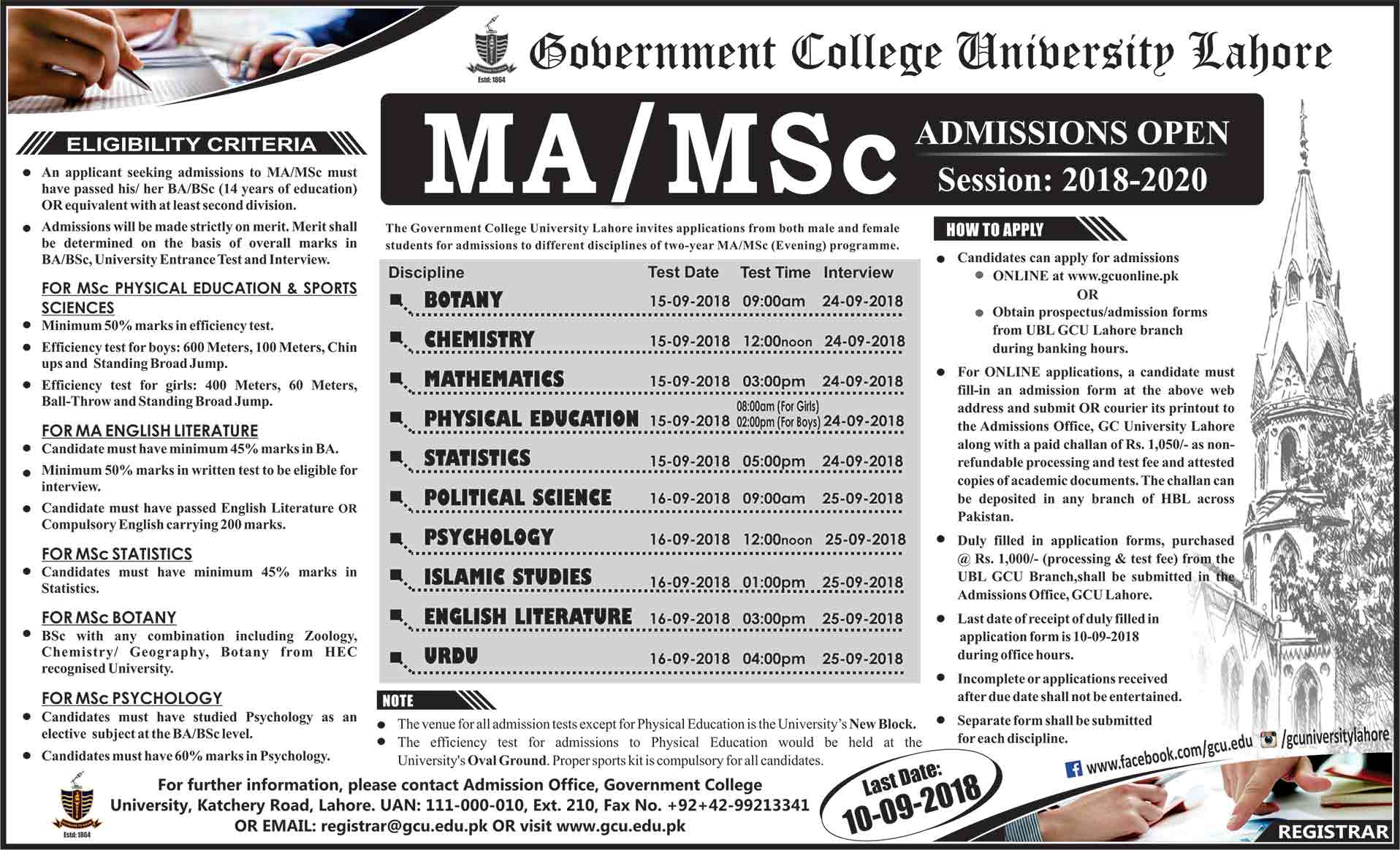 Gcu Lahore Ma Msc Entry Test Result 2018 Merit List