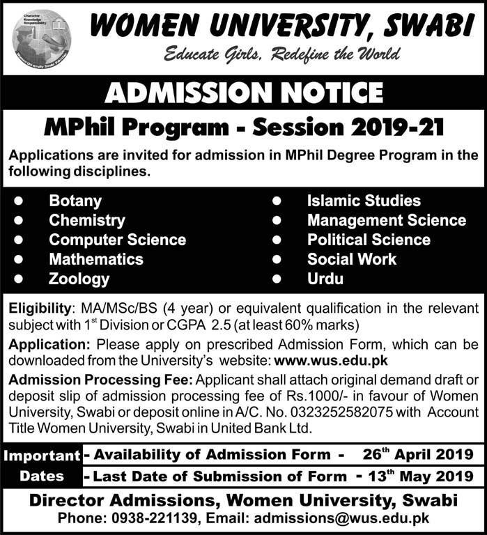 Women University Swabi Admissions 2019 BSC Form, Last Date