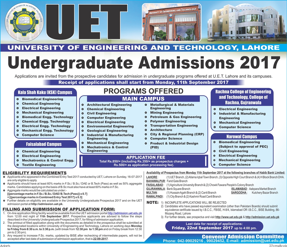 UET Kala Shah Kaku Admission 2022 Undergraduate Form, Last Date, Merit List