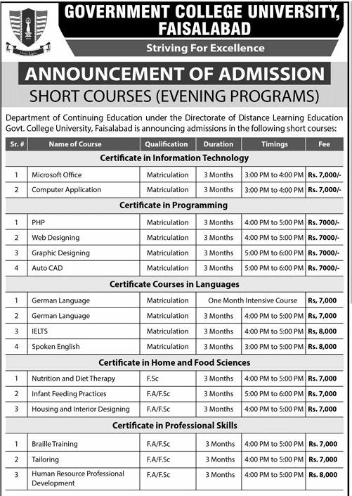 GC University Faisalabad Short Courses Admissions 2019