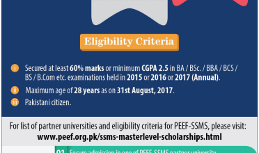 SSMS Master Level Scholarships 2017-18 Application Form, Eligibility